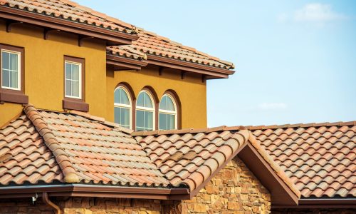 Slates Roof. Modern American South West Style Home Roof Closeup Photo.